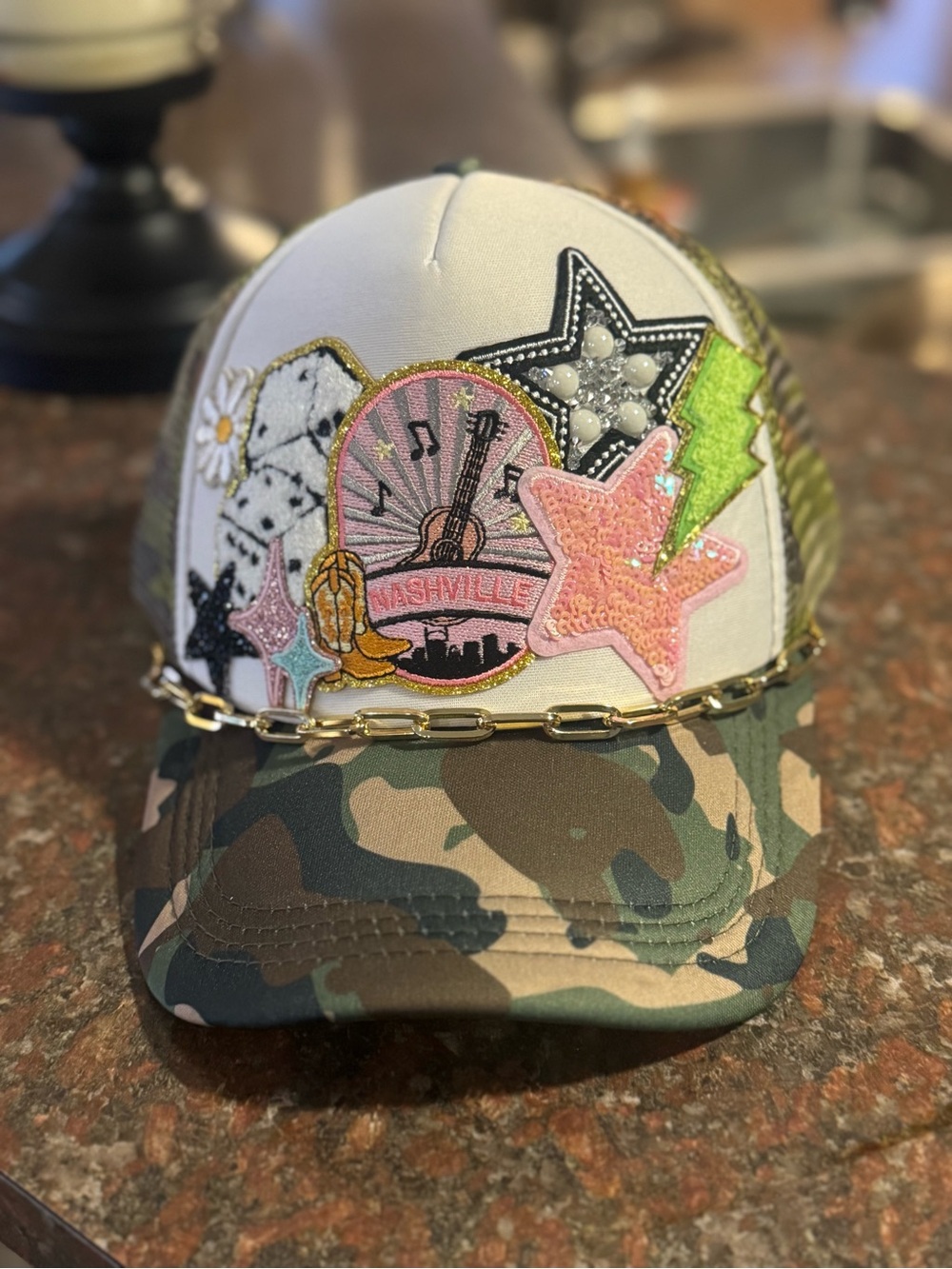 Handmade- Camouflage Trucker Hat with Nashville Pink Star Patch and jeweled belt